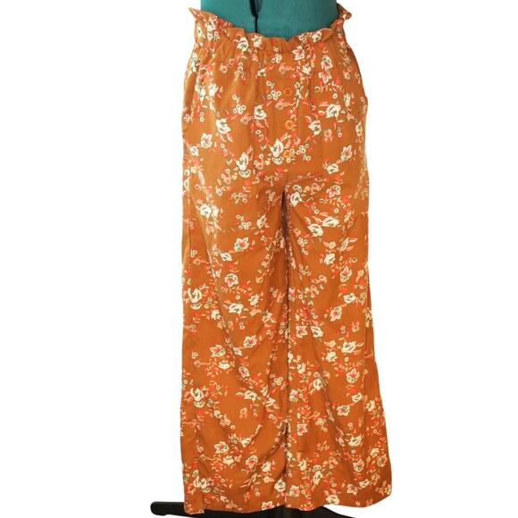 BOG Collective Wide Leg Floral Pants Rust Orange XS Bohemian Comy Fit - Picture 1 of 6
